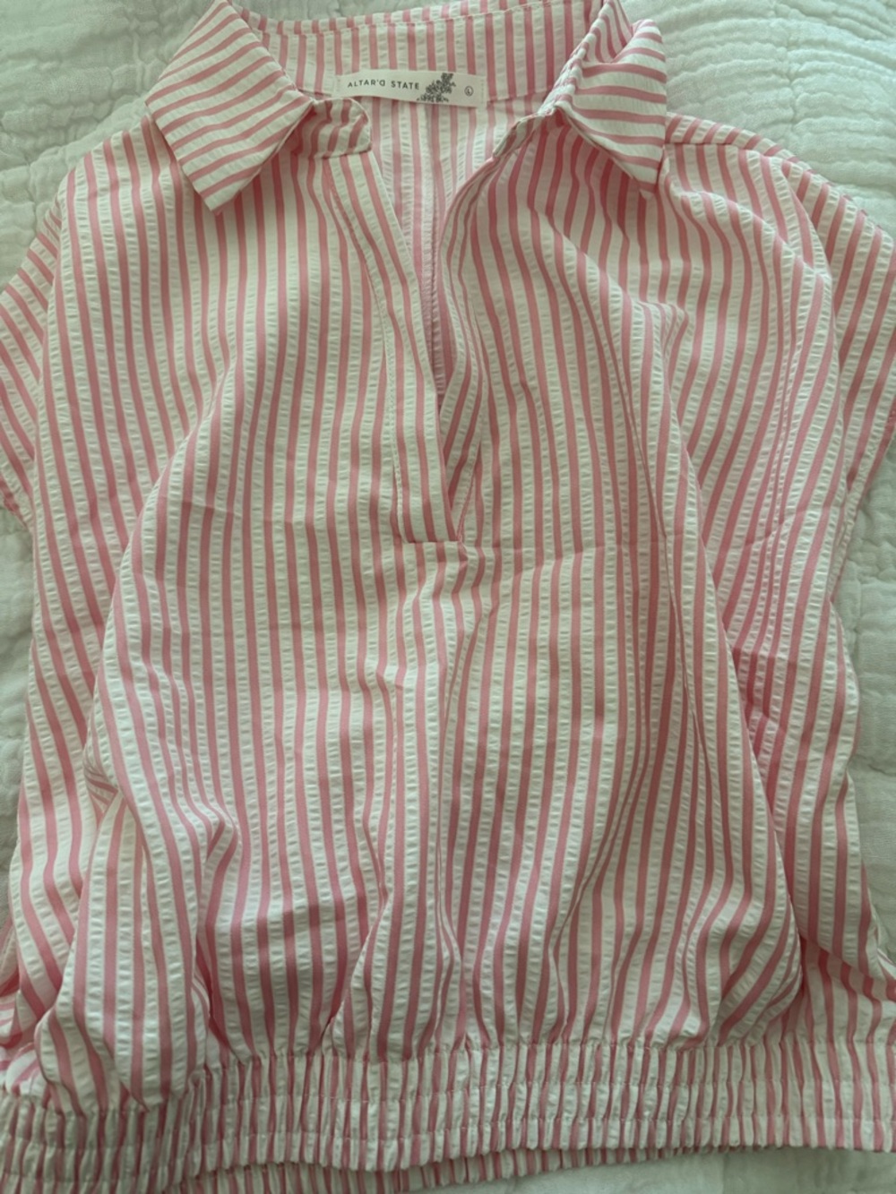 Altar'd State Pink & White Striped Collared Pullover Shirt